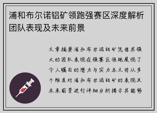 浦和布尔诺铝矿领跑强赛区深度解析团队表现及未来前景