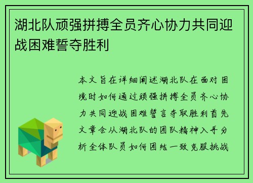 湖北队顽强拼搏全员齐心协力共同迎战困难誓夺胜利