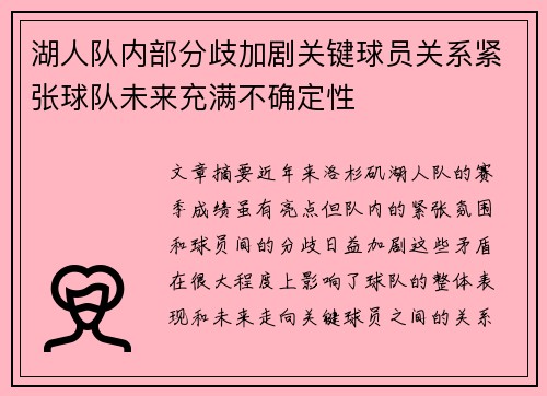 湖人队内部分歧加剧关键球员关系紧张球队未来充满不确定性