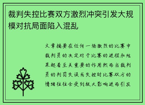 裁判失控比赛双方激烈冲突引发大规模对抗局面陷入混乱